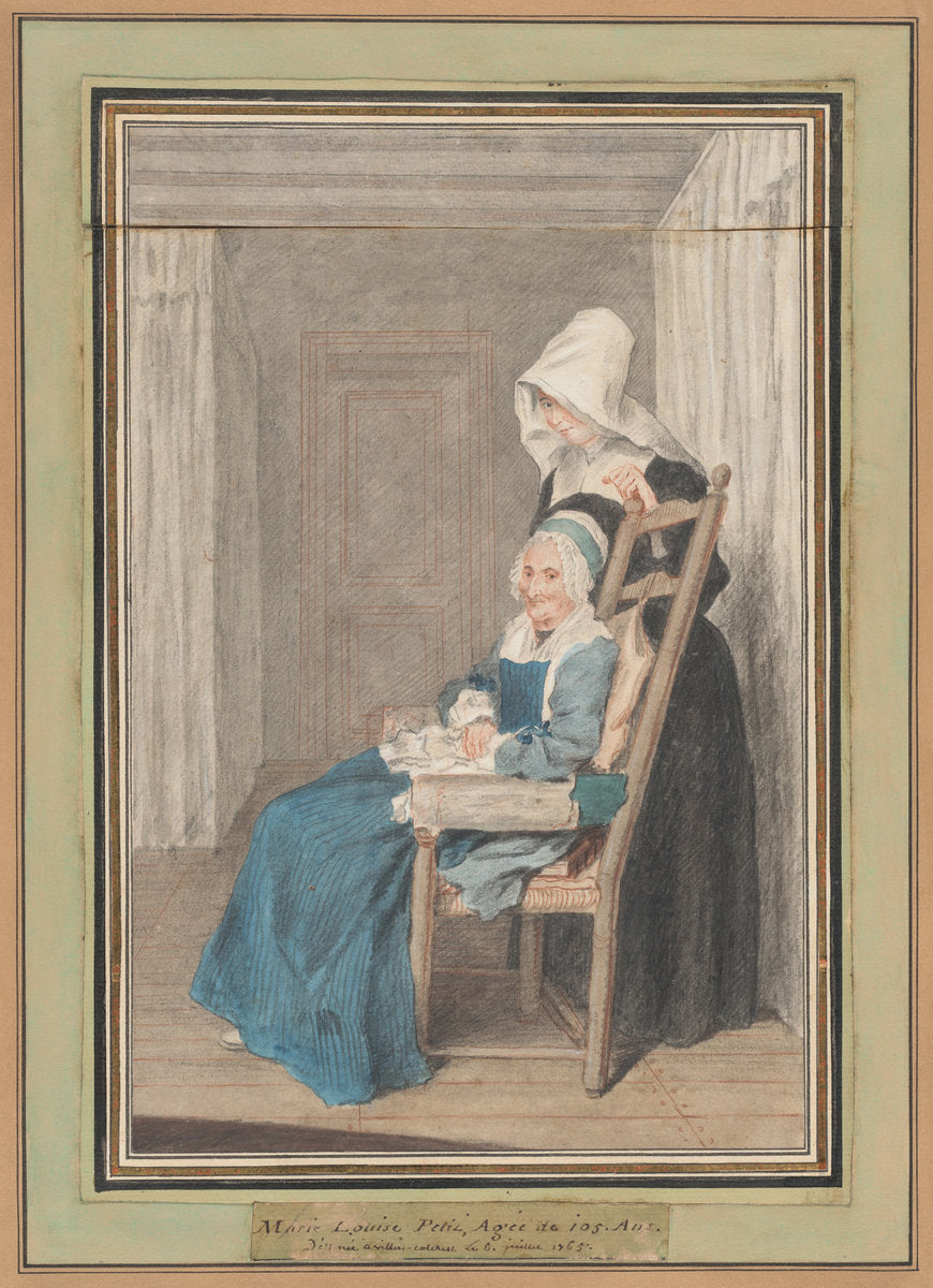 Marie Louise Petit at the Age of 105, with Her Young Nurse by Louis Carrogis, called Carmontelle (French, 1717 - 1806), 16X12"(A3)Poster Print