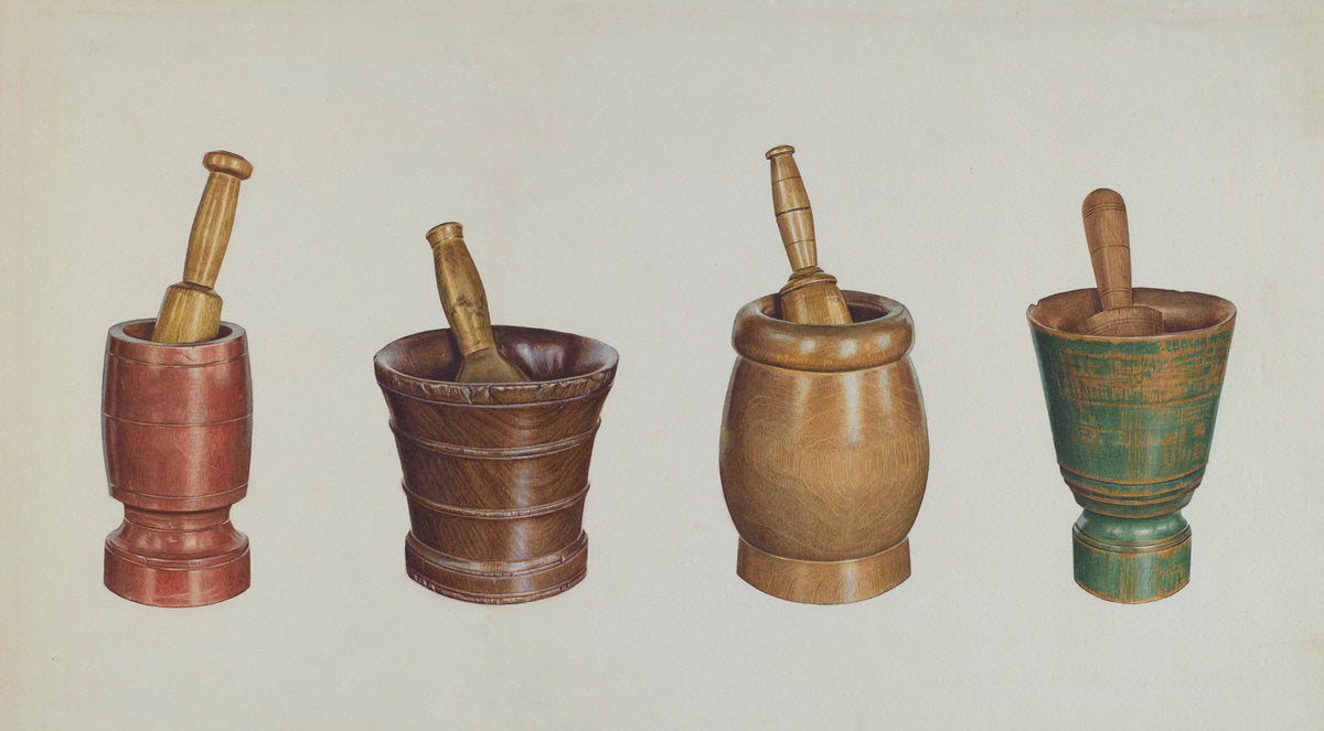 Mortar and Pestles by Elizabeth Moutal (American, active c. 1935), 16X12"(A3)Poster Print