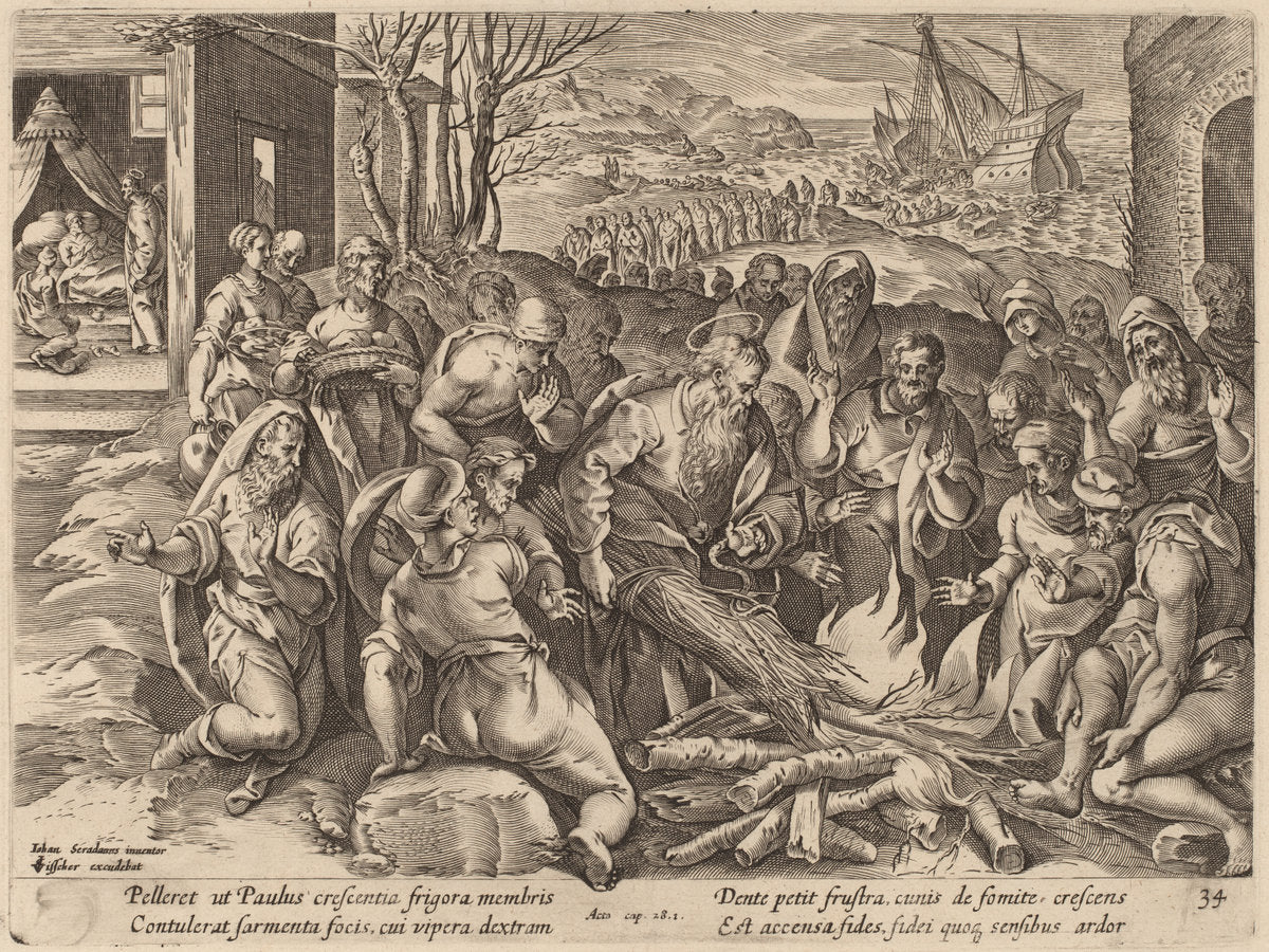 Saint Paul Shipwrecked on the Island of Melita by Philip Galle after Jan van der Straet (Flemish, 1537 - 1612), 16X12"(A3)Poster Print