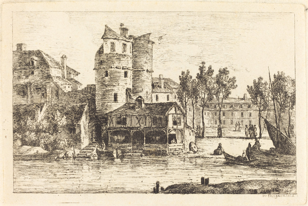 Town on a River Bank with Two Round Towers by Nicolas Pérignon (French, 1727 - 1782), 16X12"(A3)Poster Print