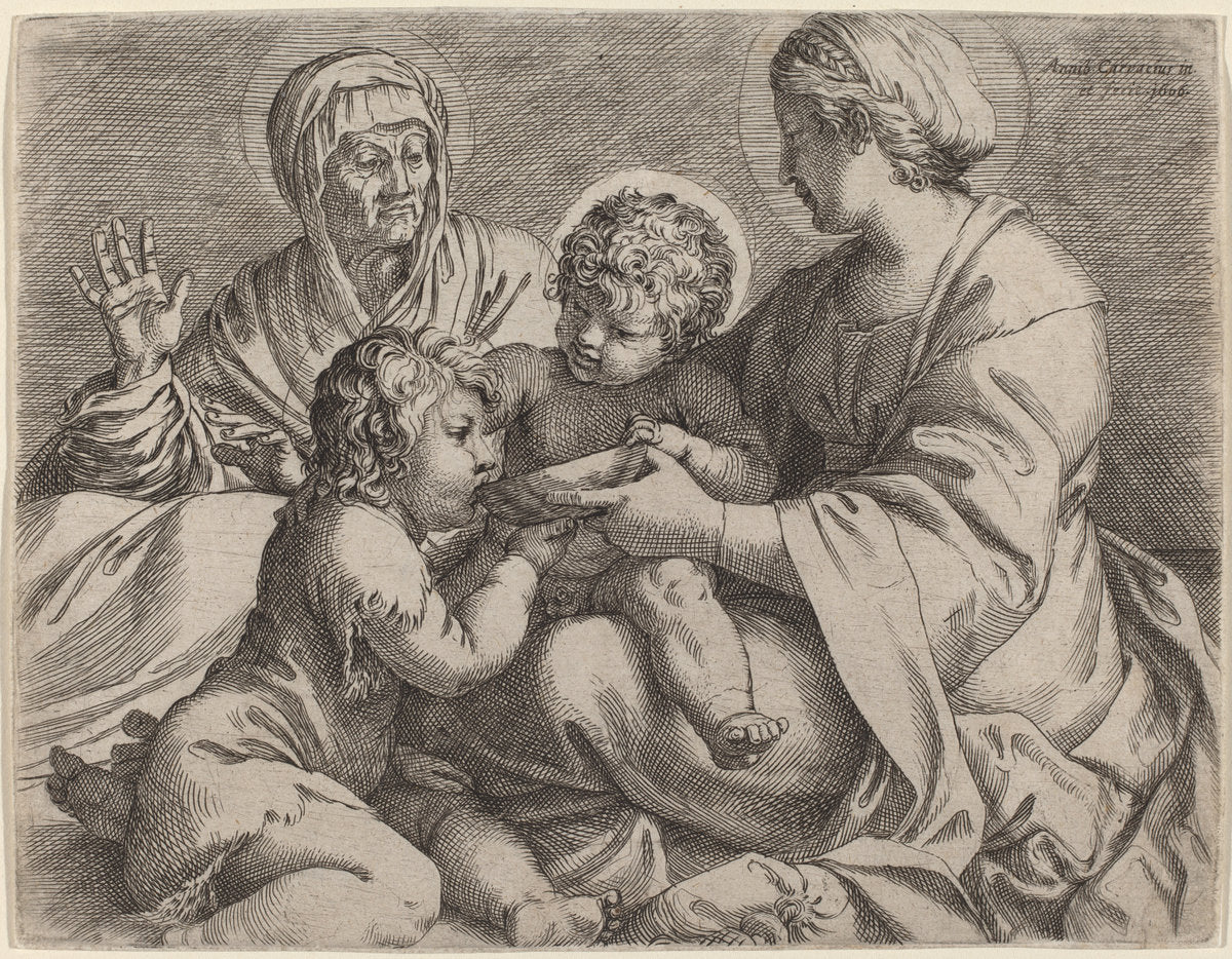 Madonna and Child with Saints Elizabeth and John the Baptist (La Madonna della Scodella) by Annibale Carracci (Italian, 1560 - 1609), 16X12"(A3)Poster Print
