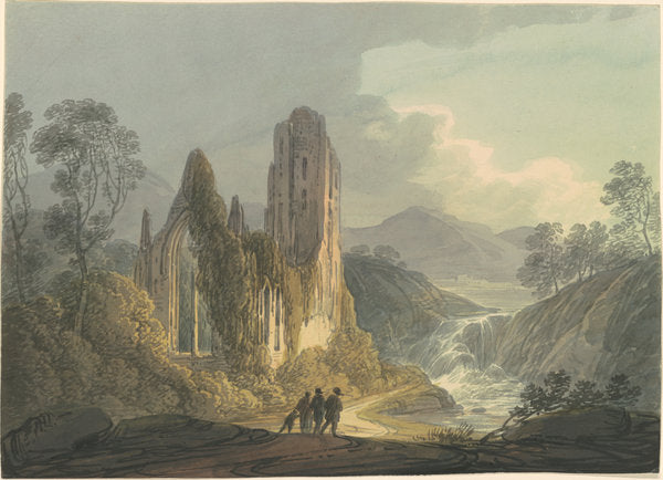 A Ruined Abbey by a Waterfall by William Payne (British, c. 1760 - 1830), 16X12"(A3)Poster Print