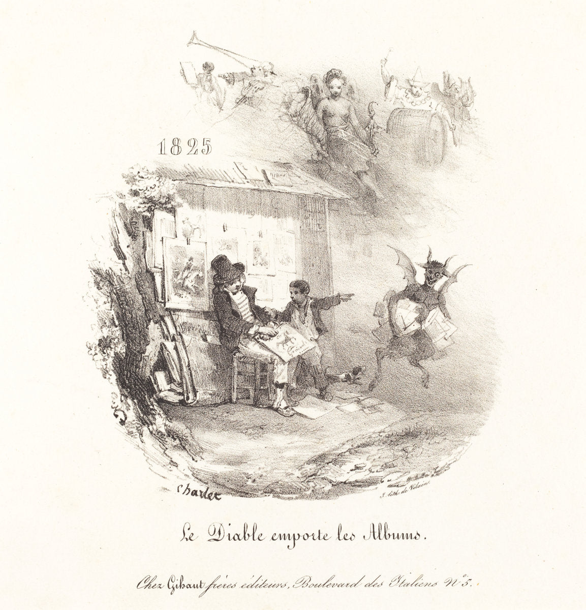 Le Diable emporte les Albums (The Devil Runs Off with the Lithograph Albums) by Nicolas-Toussaint Charlet (French, 1792 - 1845), 16X12"(A3)Poster Print