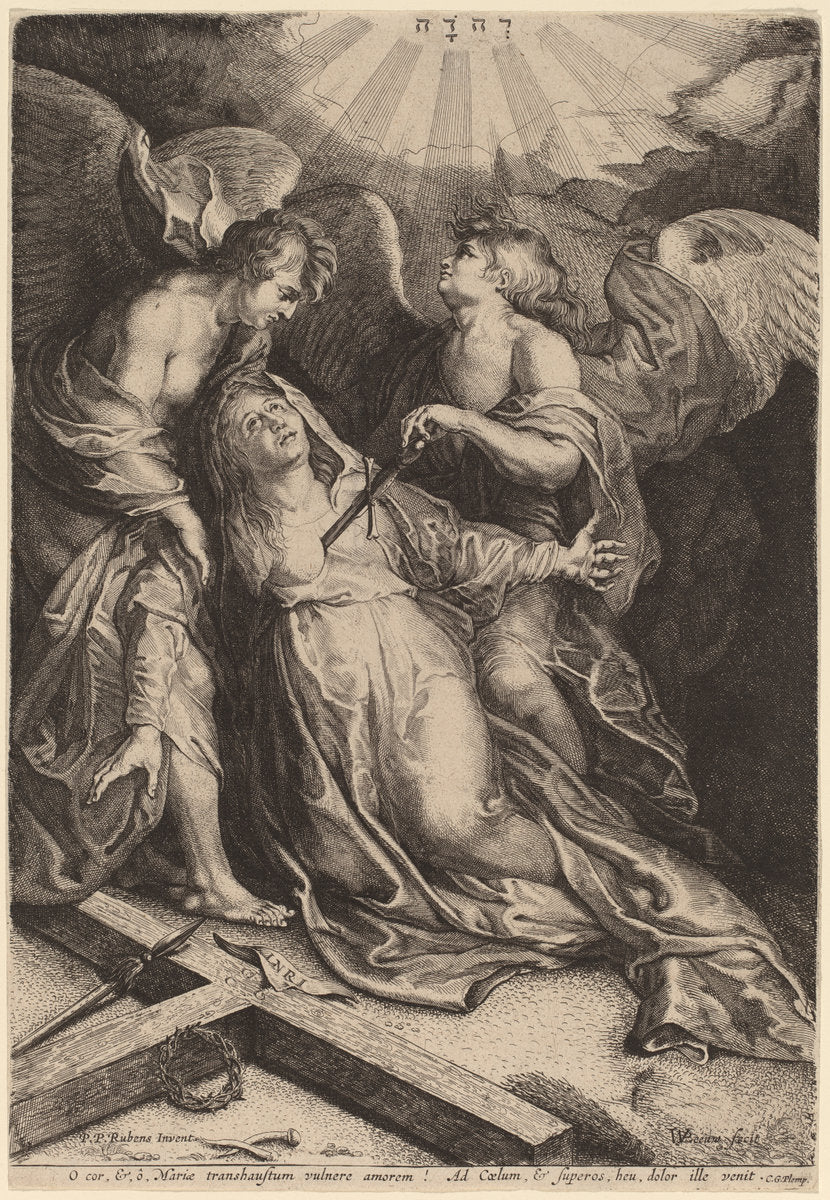 Mater Dolorosa Kneeling, Supported by Two Angels by Willem van der Leeuw after Sir Peter Paul Rubens (Flemish, 1603 - c. 1665), 16X12"(A3)Poster Print