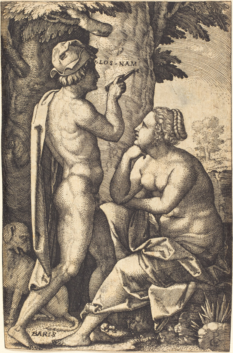 Paris Writing Words of Love to Oenone by Georg Pencz (German, c. 1500 - 1550), 16X12"(A3)Poster Print