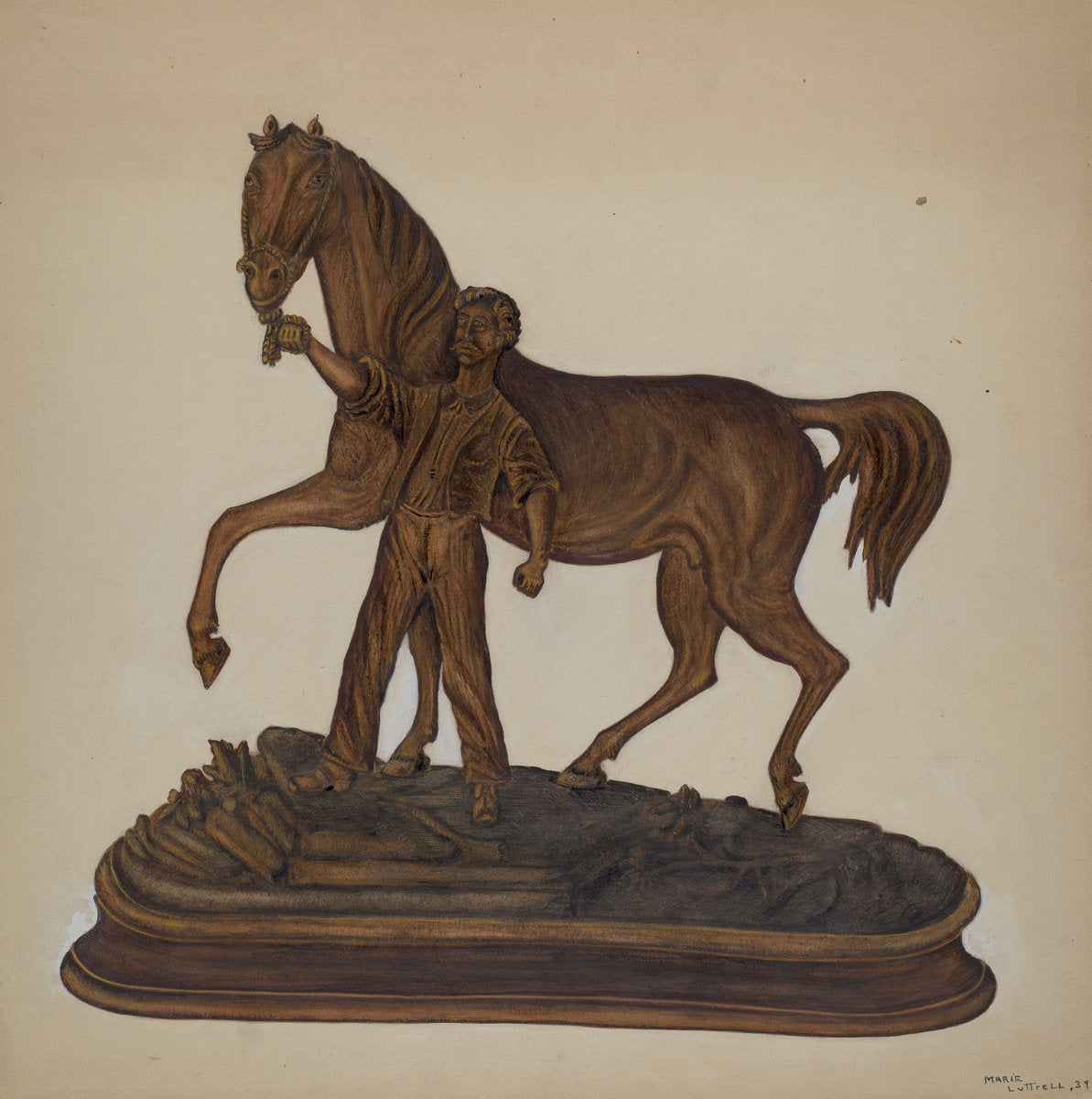 Horse and Man Woodcarving by Marie Lutrell (American, active c. 1935), 16X12"(A3)Poster Print