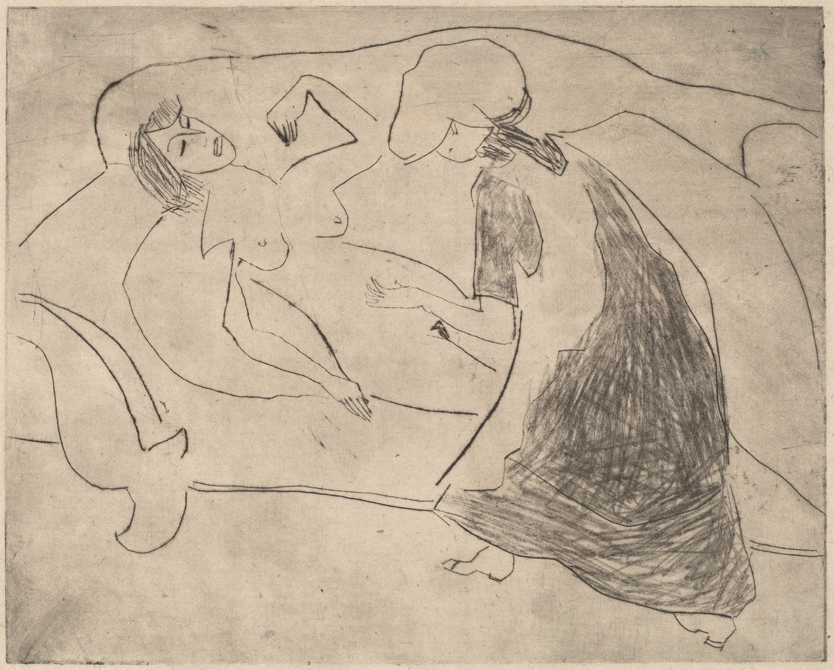 Girl, with Another Rubbing Her Belly by Ernst Ludwig Kirchner (German, 1880 - 1938), 16X12"(A3)Poster Print