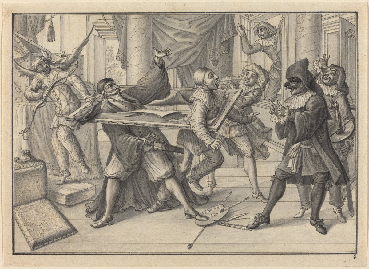 Mezzetin and Harlequin Use the Picture Frame to Catch Pantaloon and Pierrot by Johann Jacob Schübler (German, 1689 - 1741), 16X12"(A3)Poster Print