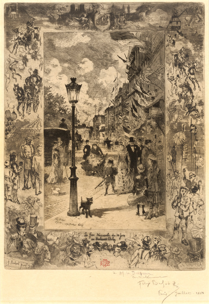 La Fête nationale au Boulevard Clichy (National Holiday on the Boulevard de Clichy) by Félix-Hilaire Buhot (French, 1847 - 1898), 16X12"(A3)Poster Print
