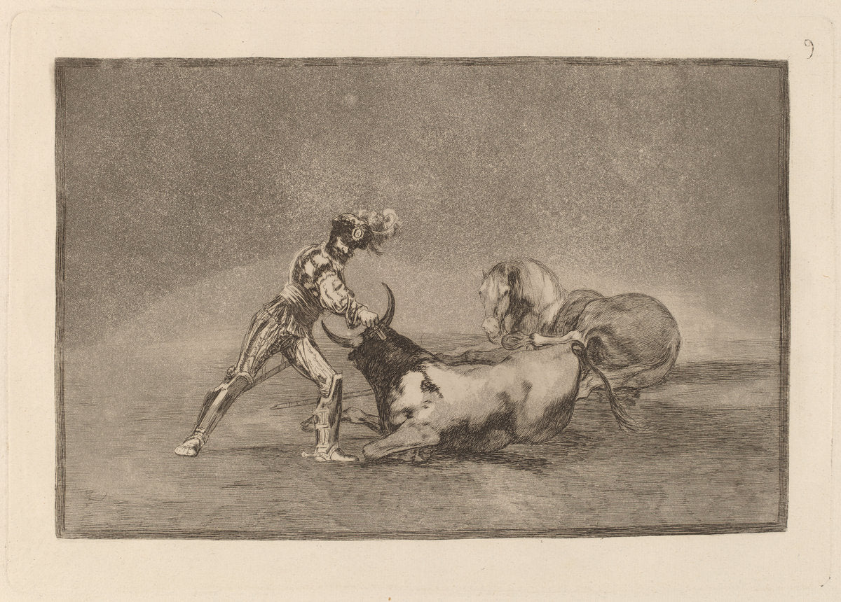 Un caballero espanol mata un toro despues de haber perdido el caballo (A Spanish Knight Kills the Bull after Having Lost His Horse) by Francisco de Goya (Spanish, 1746 - 1828), 16X12"(A3)Poster Print