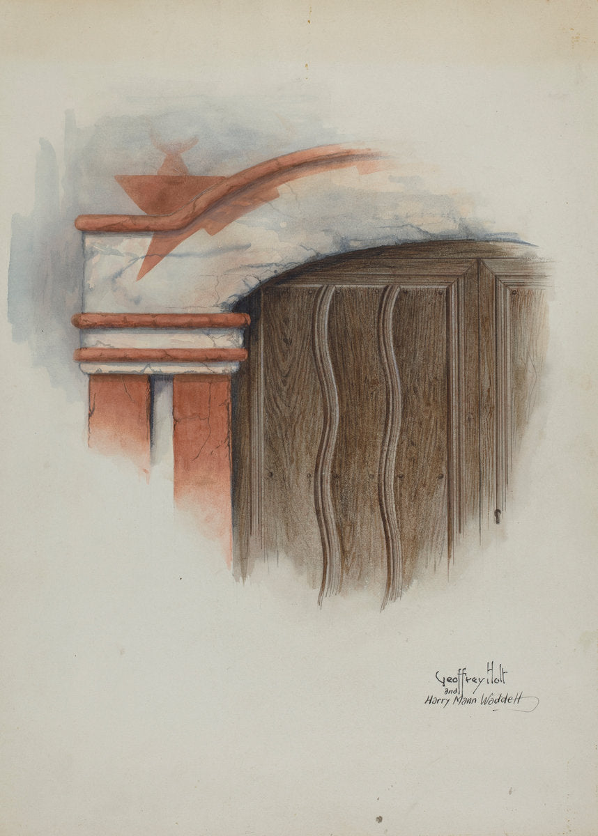 Restoration Drawing: Detail of Arch, Main Doorway, and Door, Mission-House by Geoffrey Holt and Harry Mann Waddell (American, active c. 1935), 16X12"(A3)Poster Print