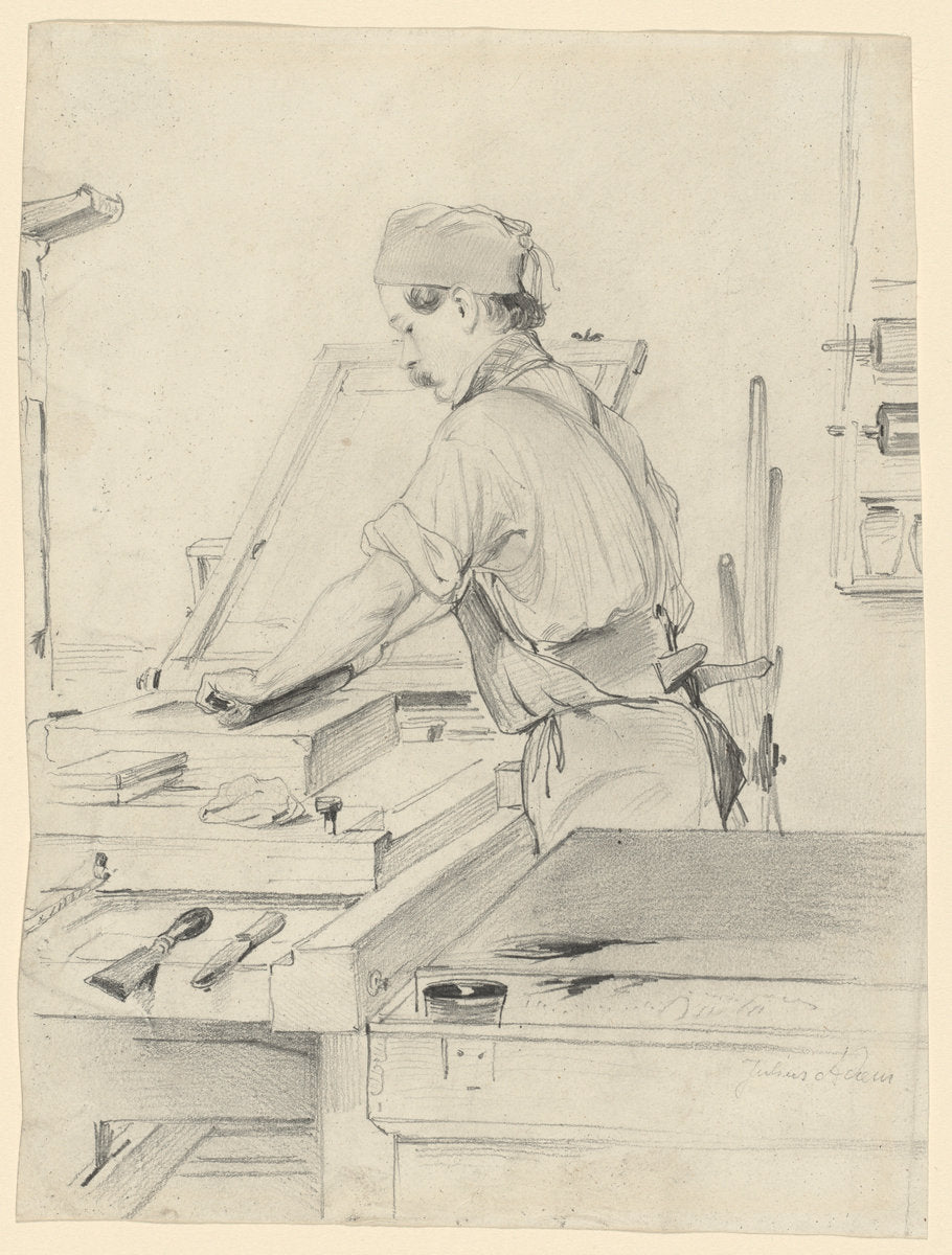 Self-Portrait Working at a Lithographic Press by Julius Adam, the elder (German, 1826 - 1874), 16X12"(A3)Poster Print
