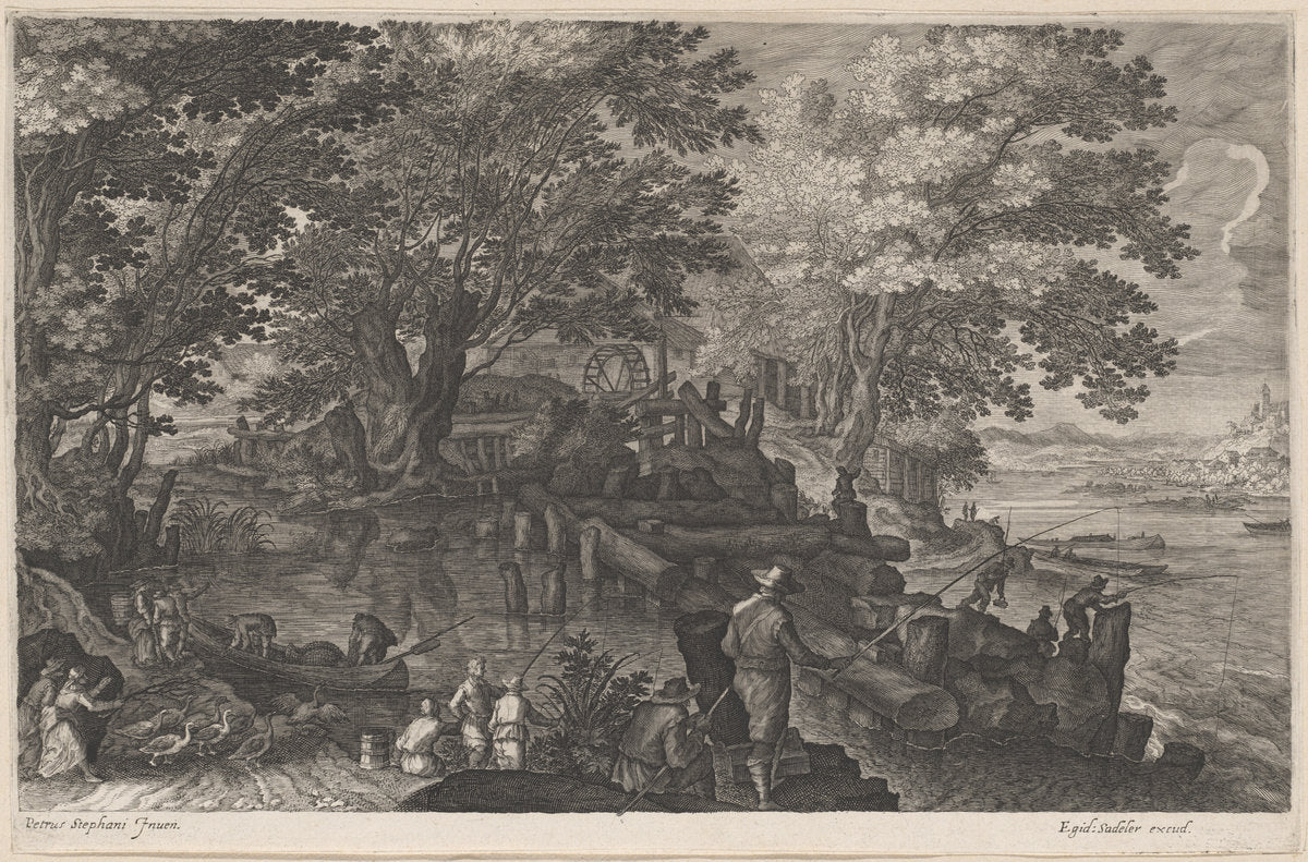 Fishermen by an Island Watermill by Aegidius Sadeler II after Pieter Stevens (Flemish, c. 1570 - 1629), 16X12"(A3)Poster Print