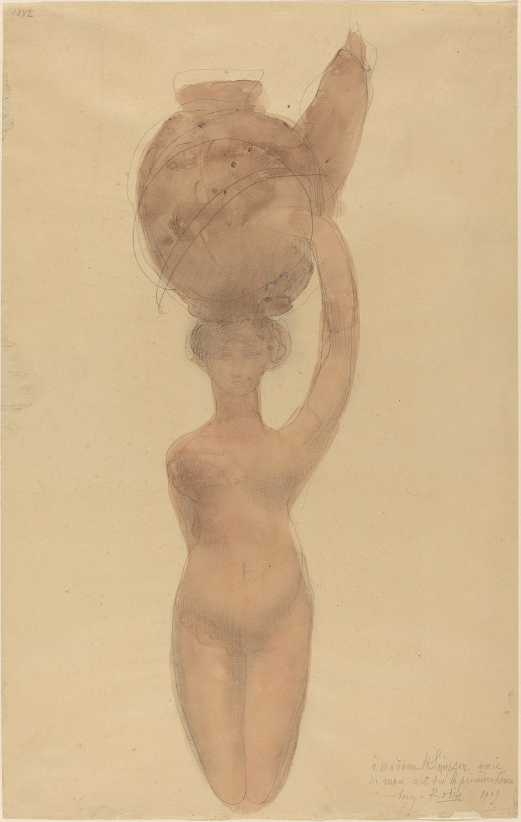 Nude Woman Carrying Vase on Head by Auguste Rodin (French, 1840 - 1917), 16X12"(A3)Poster Print