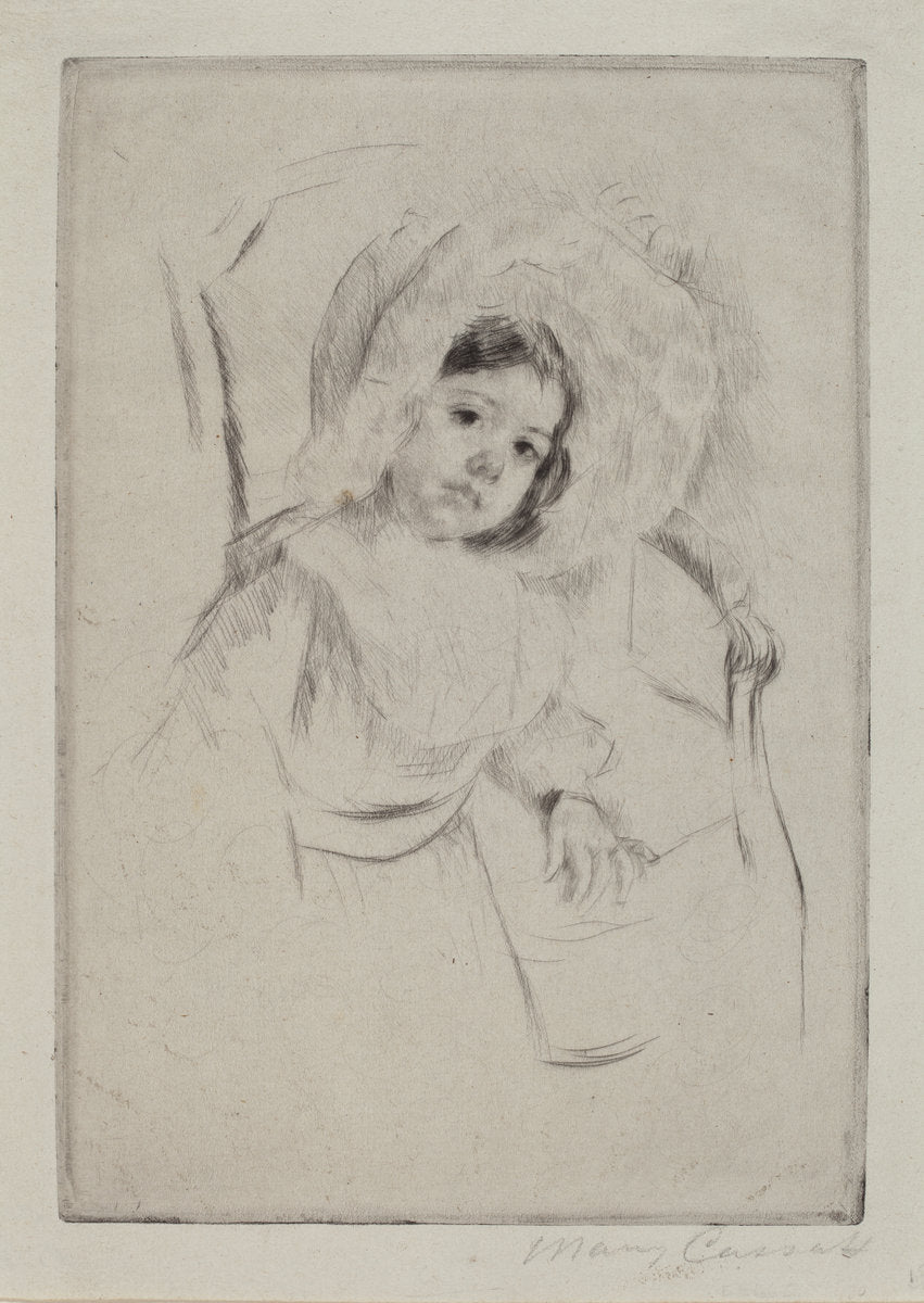 Margot in a Floppy Bonnet Leaning against a Chair by Mary Cassatt (American, 1844 - 1926), 16X12"(A3)Poster Print