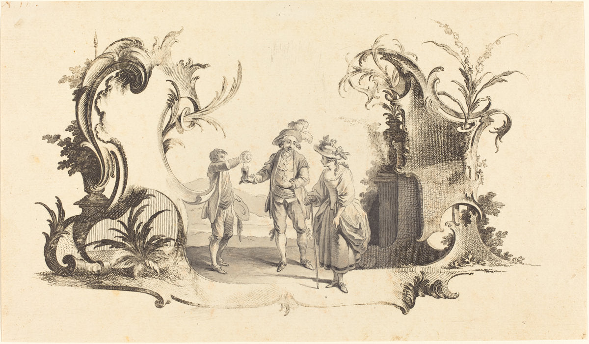 Cartouche Moderne with a Young Couple Being Served Wine by Johann Esaias Nilson (German, 1721 - 1788), 16X12"(A3)Poster Print