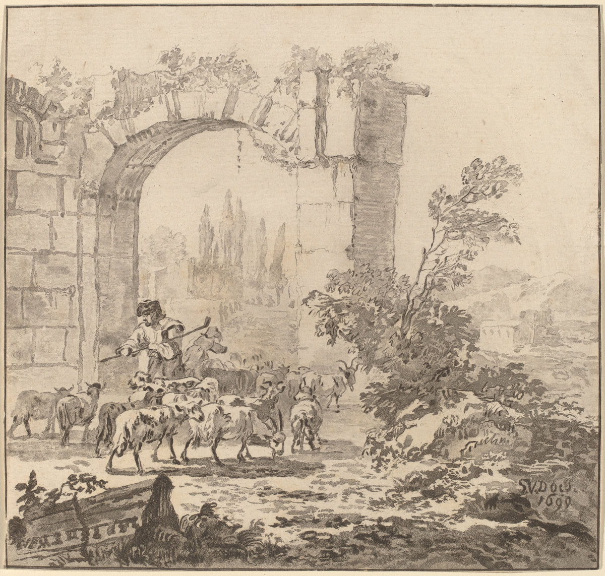 Flock of Goats by Cornelis Ploos van Amstel and Cornelis Brouwer after Simon van der Does (Dutch, 1726 - 1798), 16X12"(A3)Poster Print