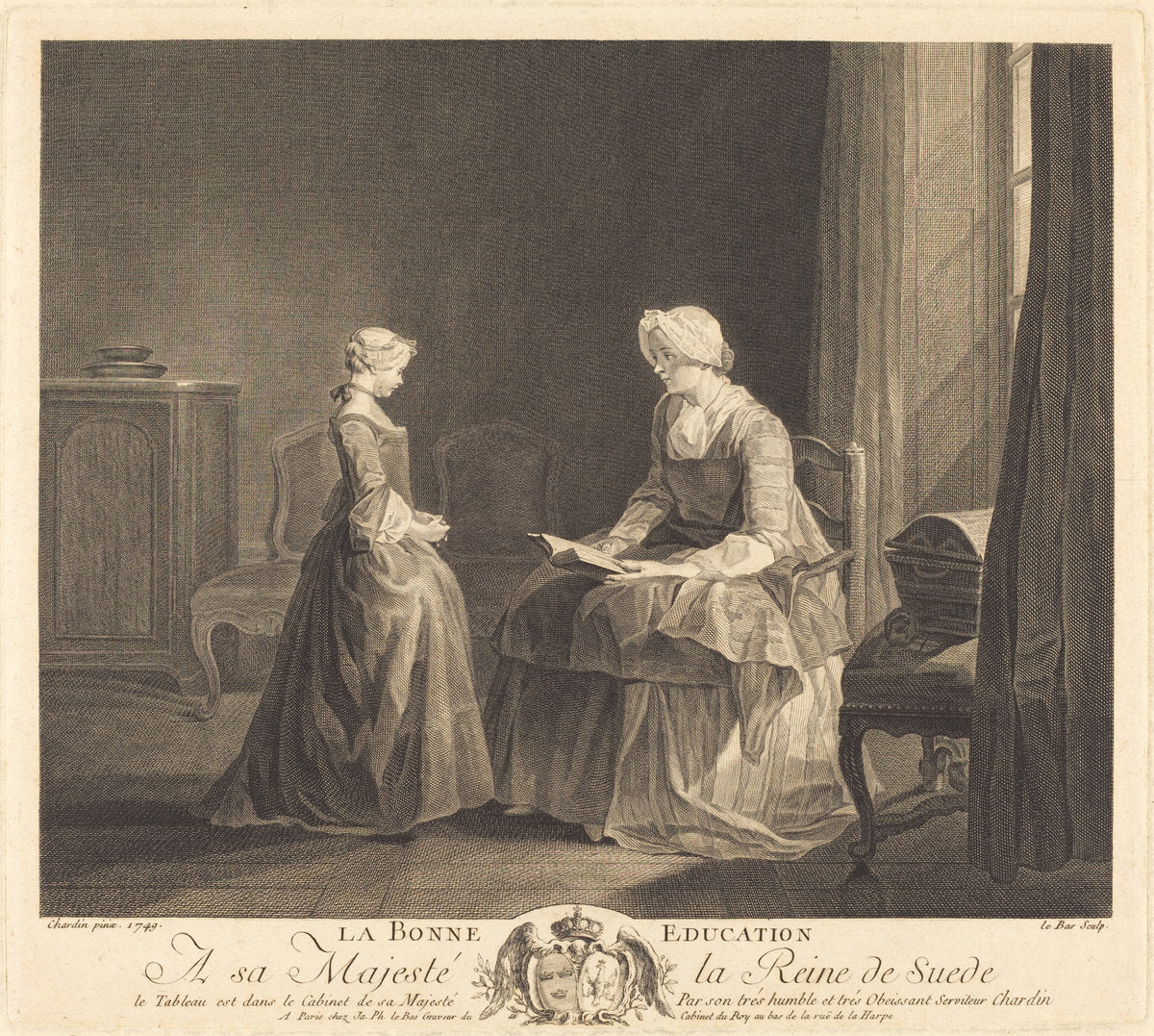 La bonne education by Jacques-Philippe Le Bas after Jean Siméon Chardin (French, 1707 - 1783), 16X12"(A3)Poster Print