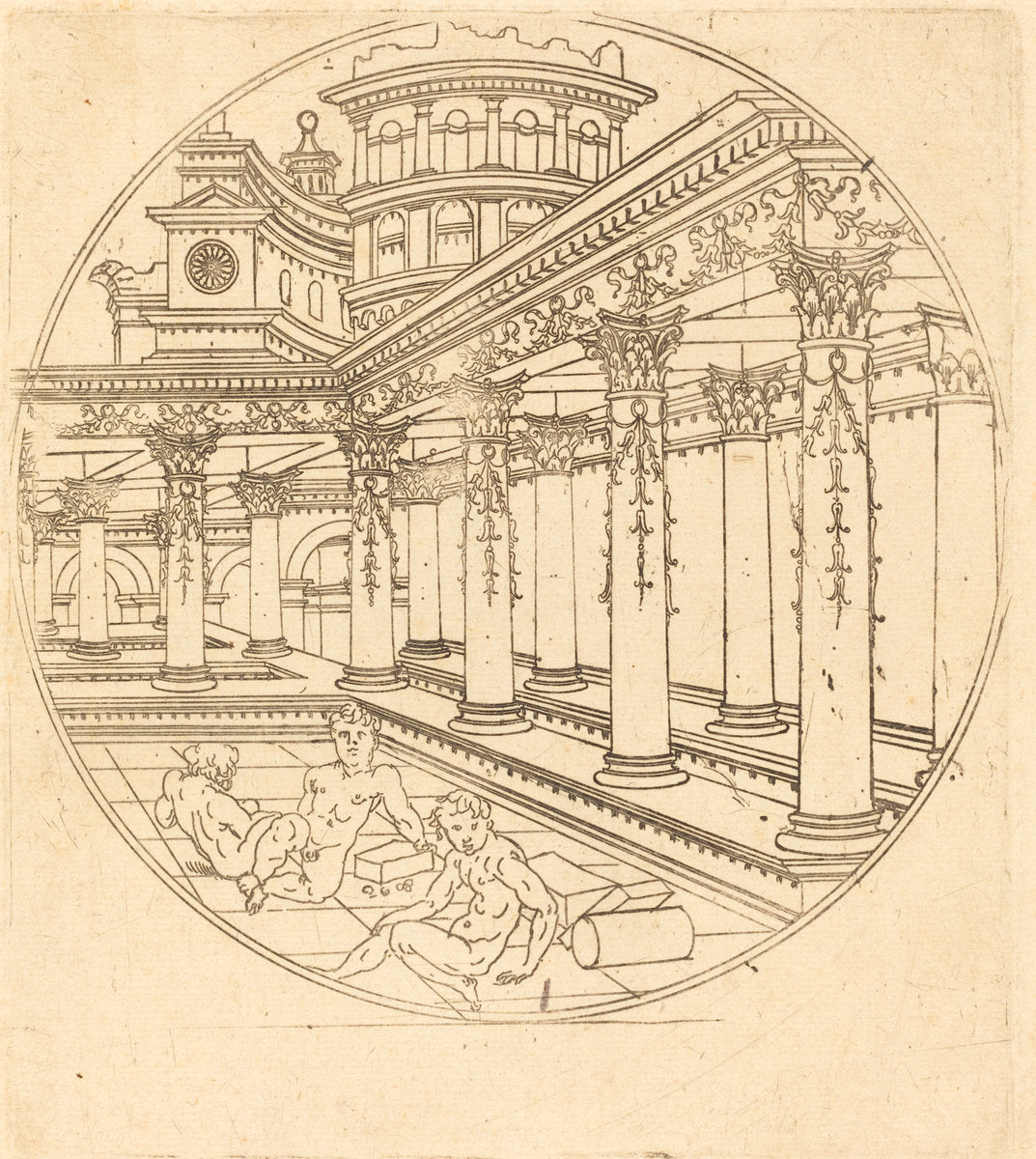 etching on laid paper by after Jean de Gourmont I (Three Figures in a Gallery), 16X12"(A3)Poster Print