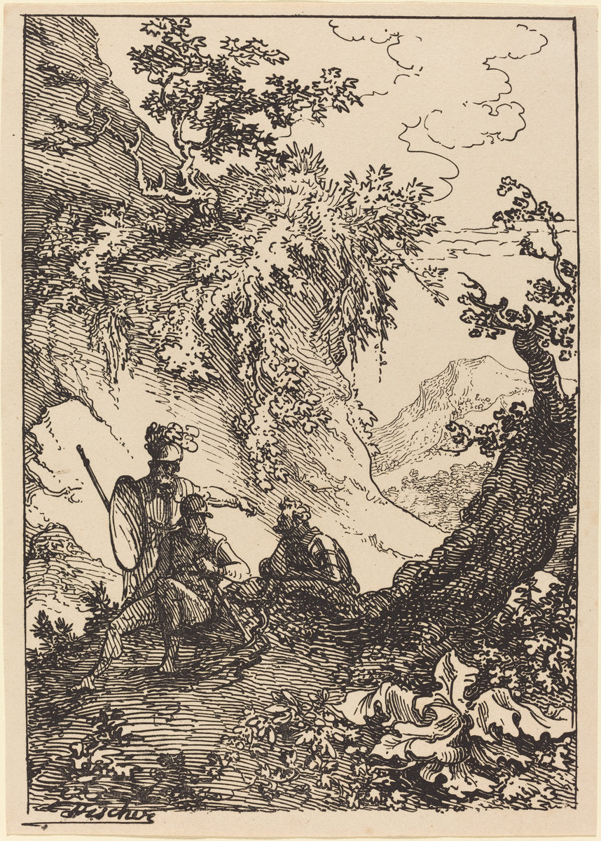 Landscape with Men in Armor, Tree Stump by Joseph Fischer (Austrian, 1769 - 1822), 16X12"(A3)Poster Print