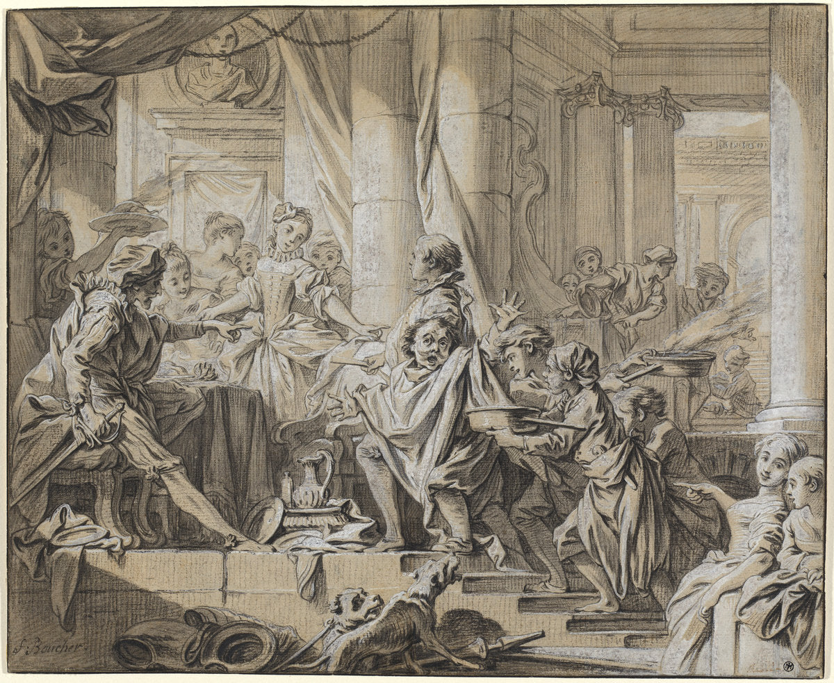 Sancho Fleeing from the Servants of the Duke by François Boucher (French, 1703 - 1770), 16X12"(A3)Poster Print