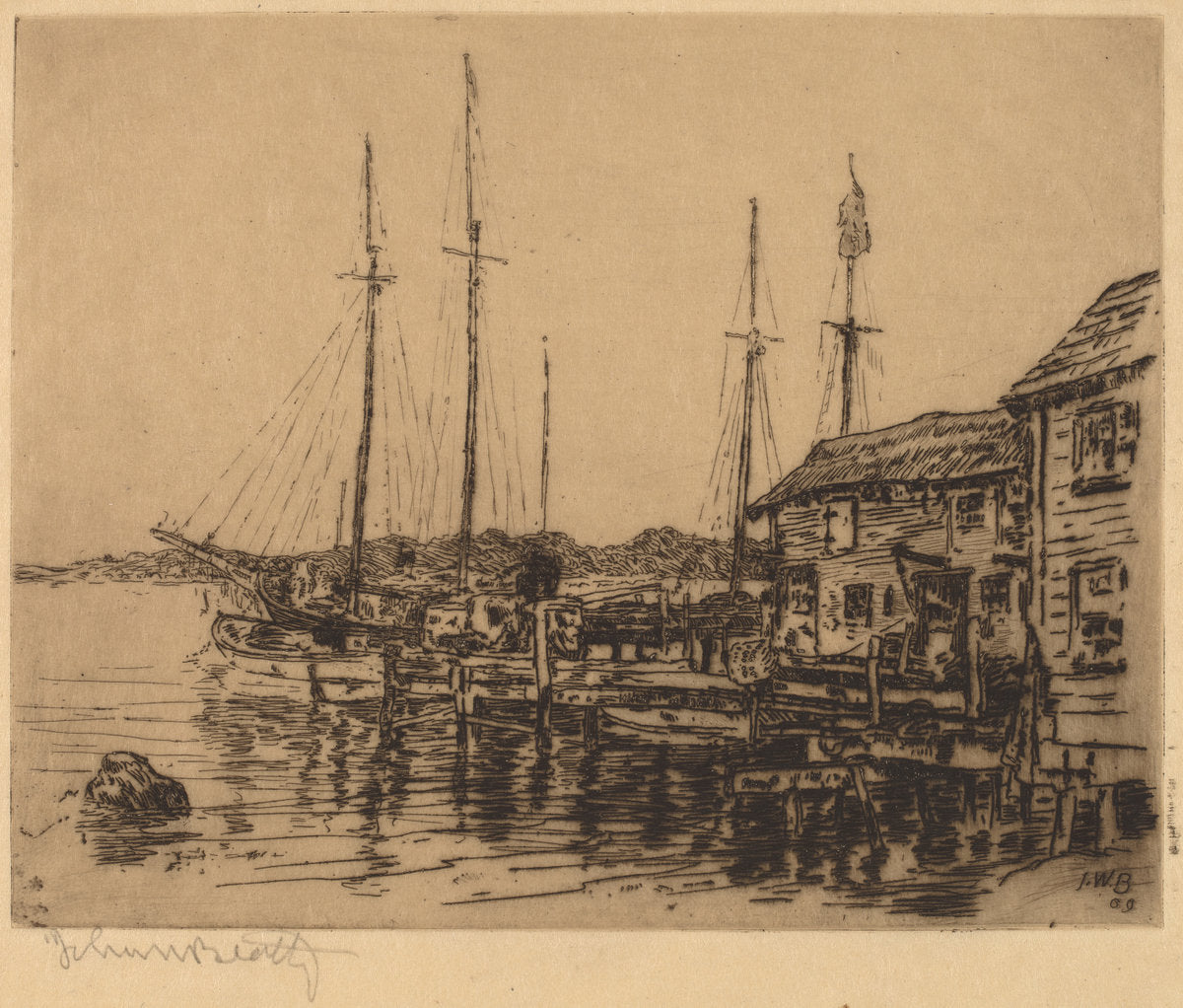 Fishing Boats Along Quay, Noank, Conn. by John Wesley Beatty (American, 1851 - 1924), 16X12"(A3)Poster Print