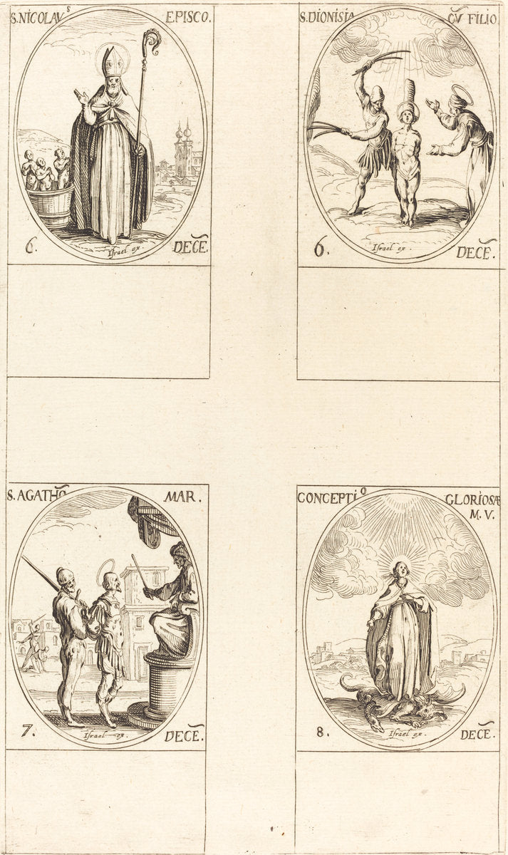 St. Nicholas; St. Dionisia and Son; St. Agatha; Conception of the Virgin by Jacques Callot (French, 1592 - 1635), 16X12"(A3)Poster Print