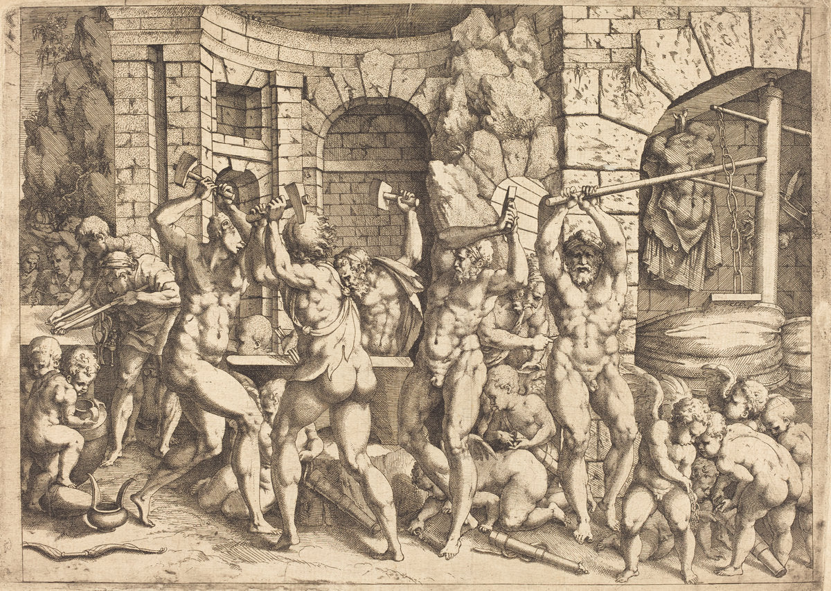 The Forge of Vulcan by Louis Elle I after Francesco Primaticcio (French, 1612 - 1689), 16X12"(A3)Poster Print