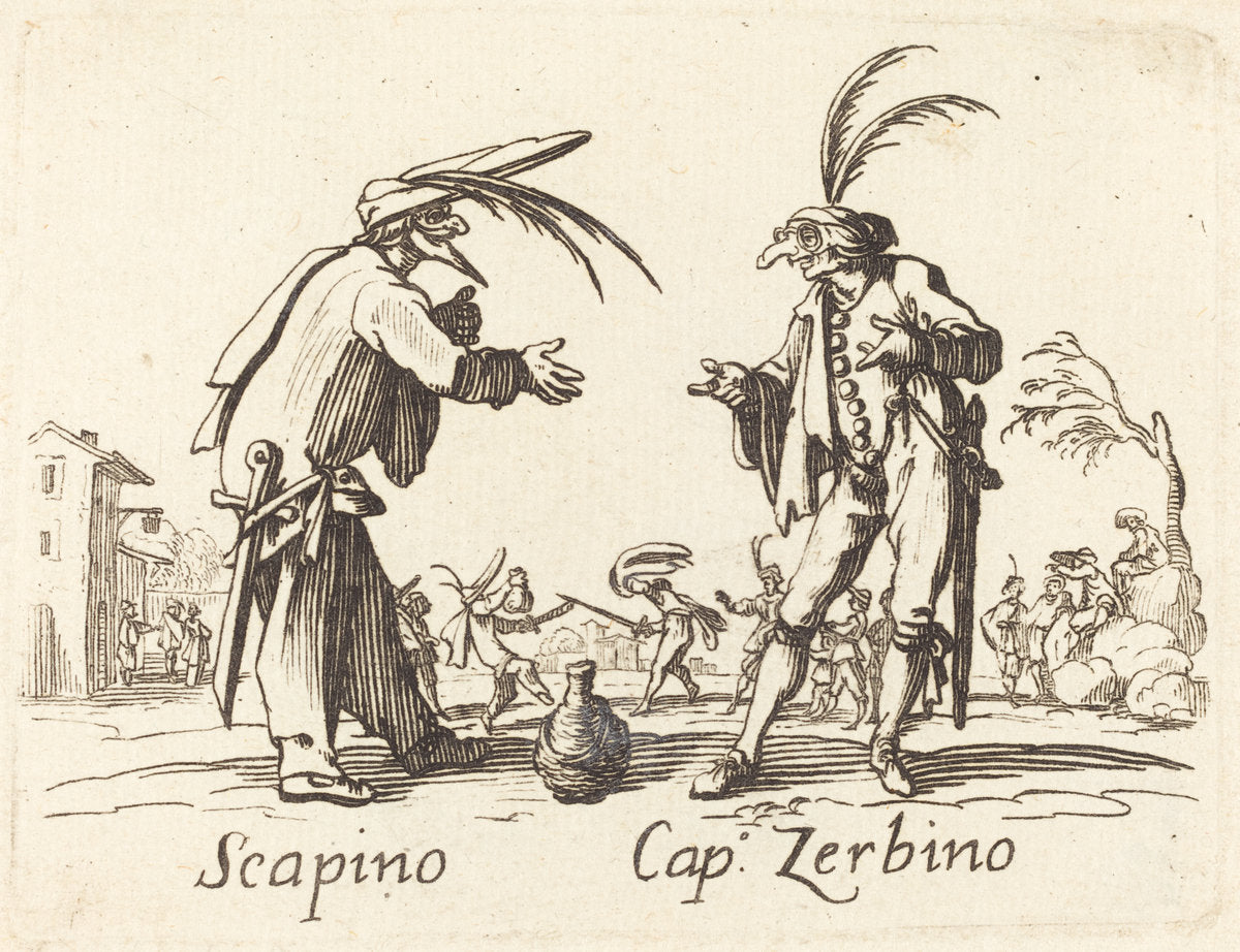 etching by after Jacques Callot (Scapino and Cap. Zerbino), 16X12"(A3)Poster Print