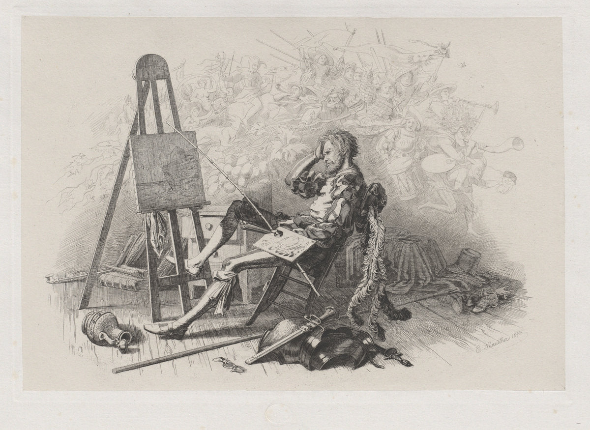 Morning after the Masked Ball: Emil Theodor Richter at His Easel by Eugen Napoleon Neureuther (German, 1806 - 1882), 16X12"(A3)Poster Print