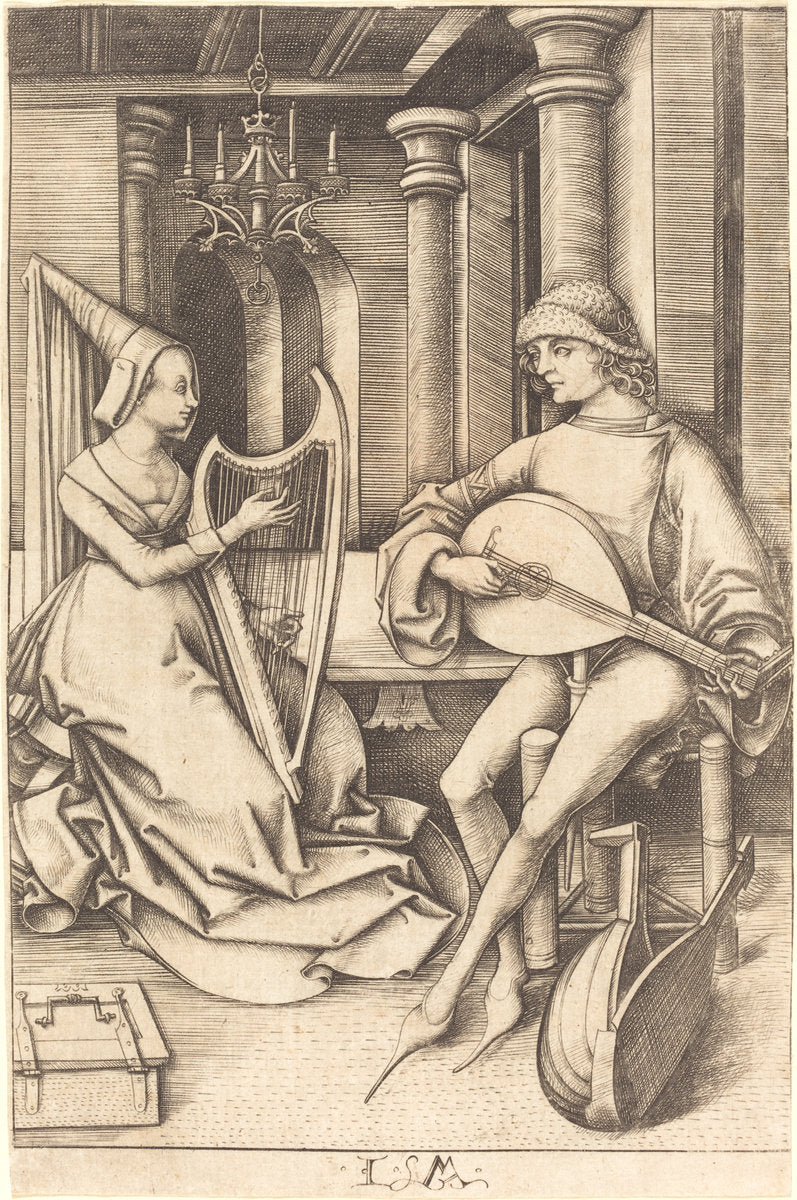 The Lute Player and the Harpist by Israhel van Meckenem (German, c. 1445 - 1503), 16X12"(A3)Poster Print