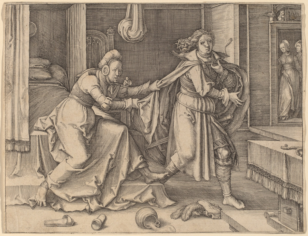 Joseph Escaping Potiphar's Wife by Lucas van Leyden (Netherlandish, 1489/1494 - 1533), 16X12"(A3)Poster Print
