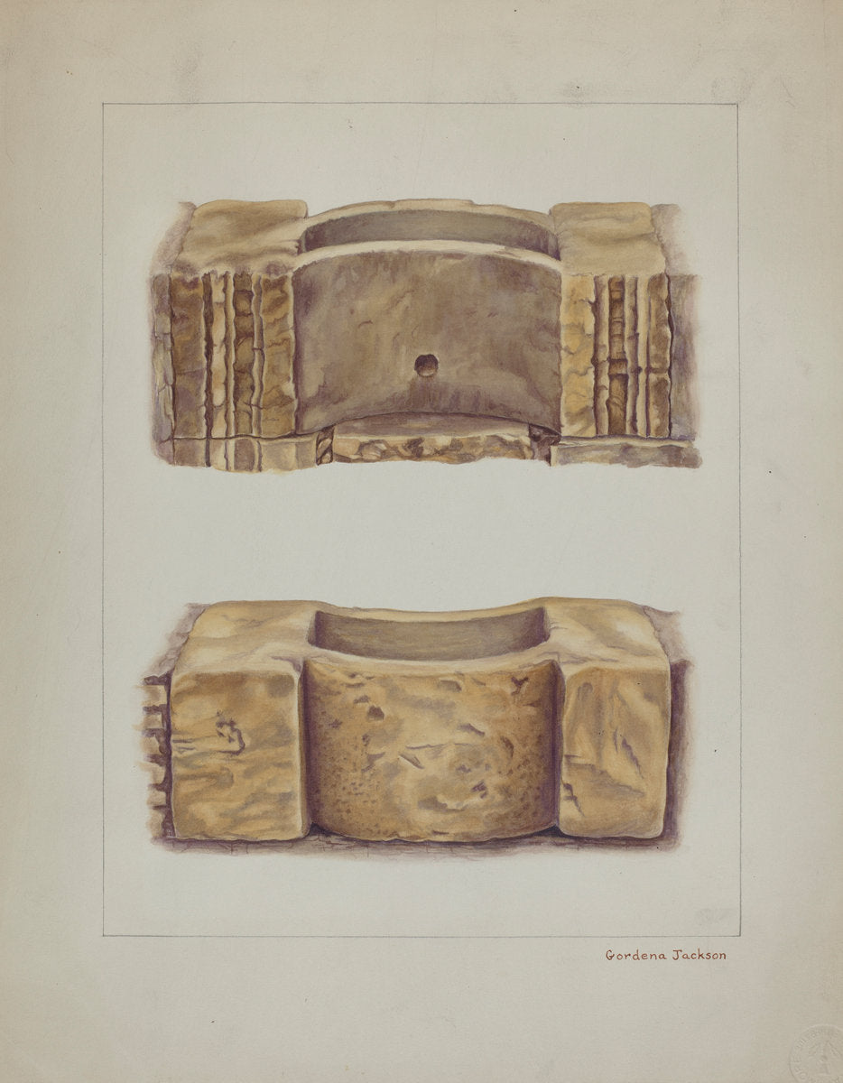 Carved Stone Wash Basin at Carmel Mission by Gordena Jackson (American, 1900 - 1993), 16X12"(A3)Poster Print
