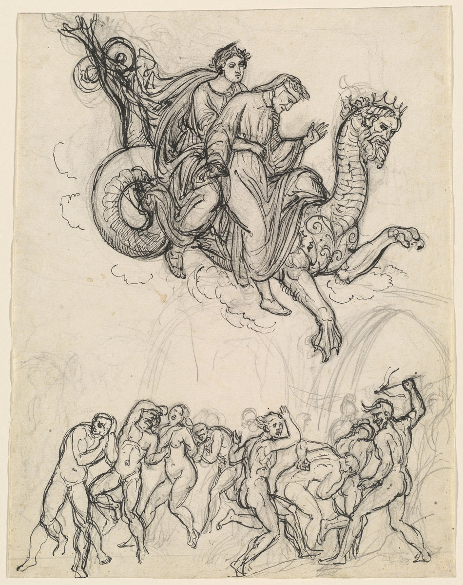 Dante and Virgil Riding on the Back of Geryon by Joseph Anton Koch (Austrian, 1768 - 1839), 16X12"(A3)Poster Print