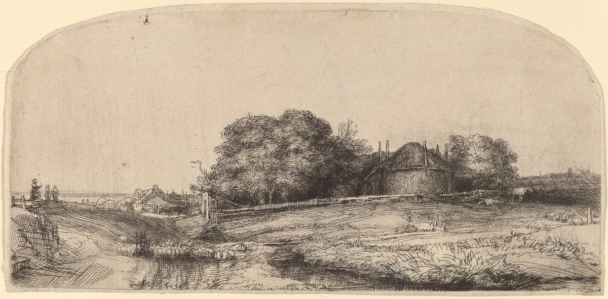 Landscape with a Hay Barn and a Flock of Sheep by Rembrandt van Rijn (Dutch, 1606 - 1669), 16X12"(A3)Poster Print