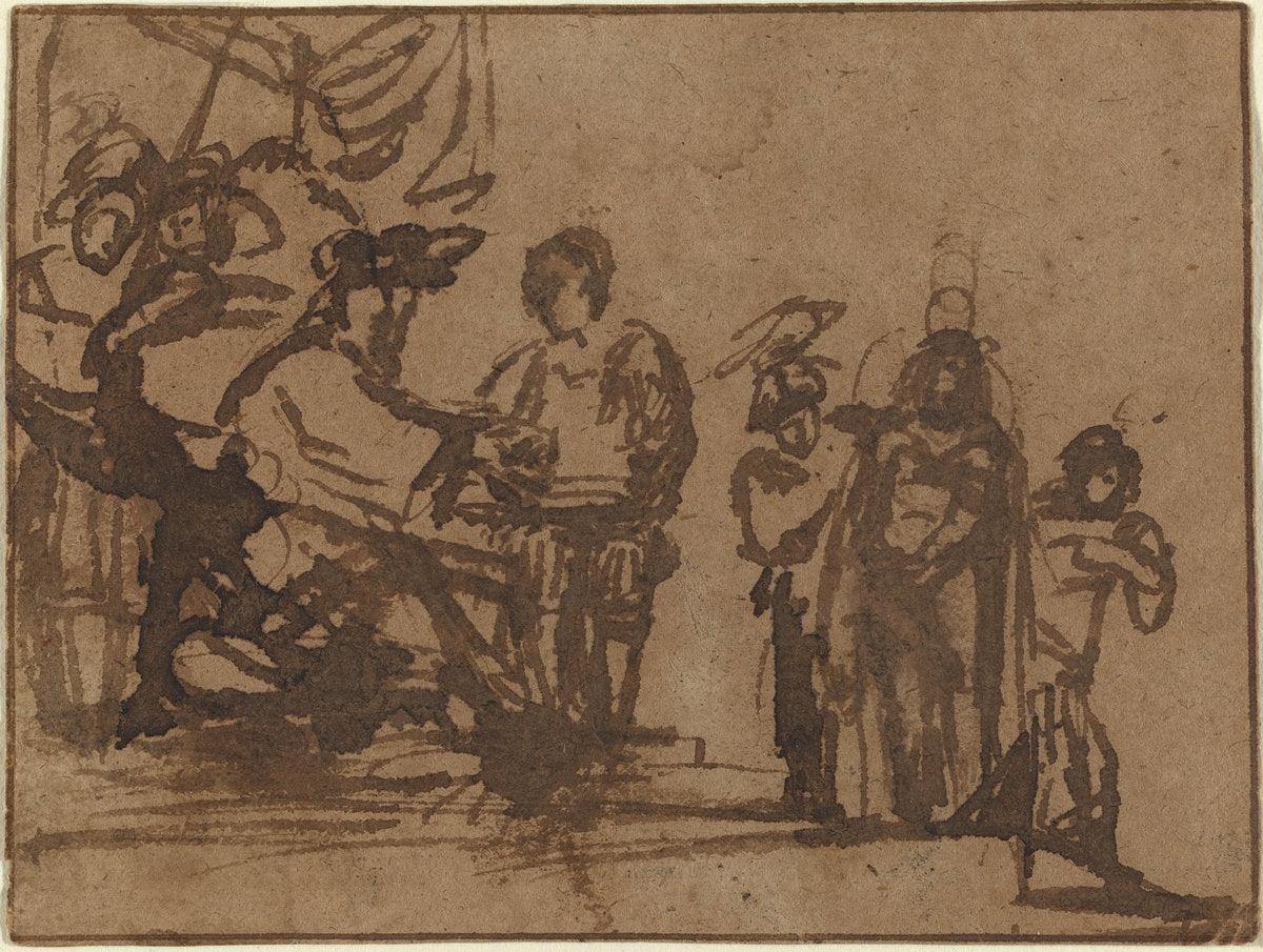 brush and brown ink on brown paper by Imitator of Rembrandt van Rijn (Christ before Pilate), 16X12"(A3)Poster Print