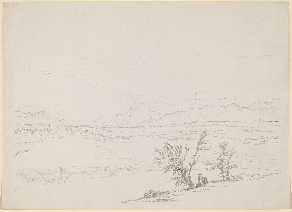 An Alpine Landscape with a Couple Seated by Trees Overlooking a Valley by Benjamin West (American, 1738 - 1820), 16X12"(A3)Poster Print