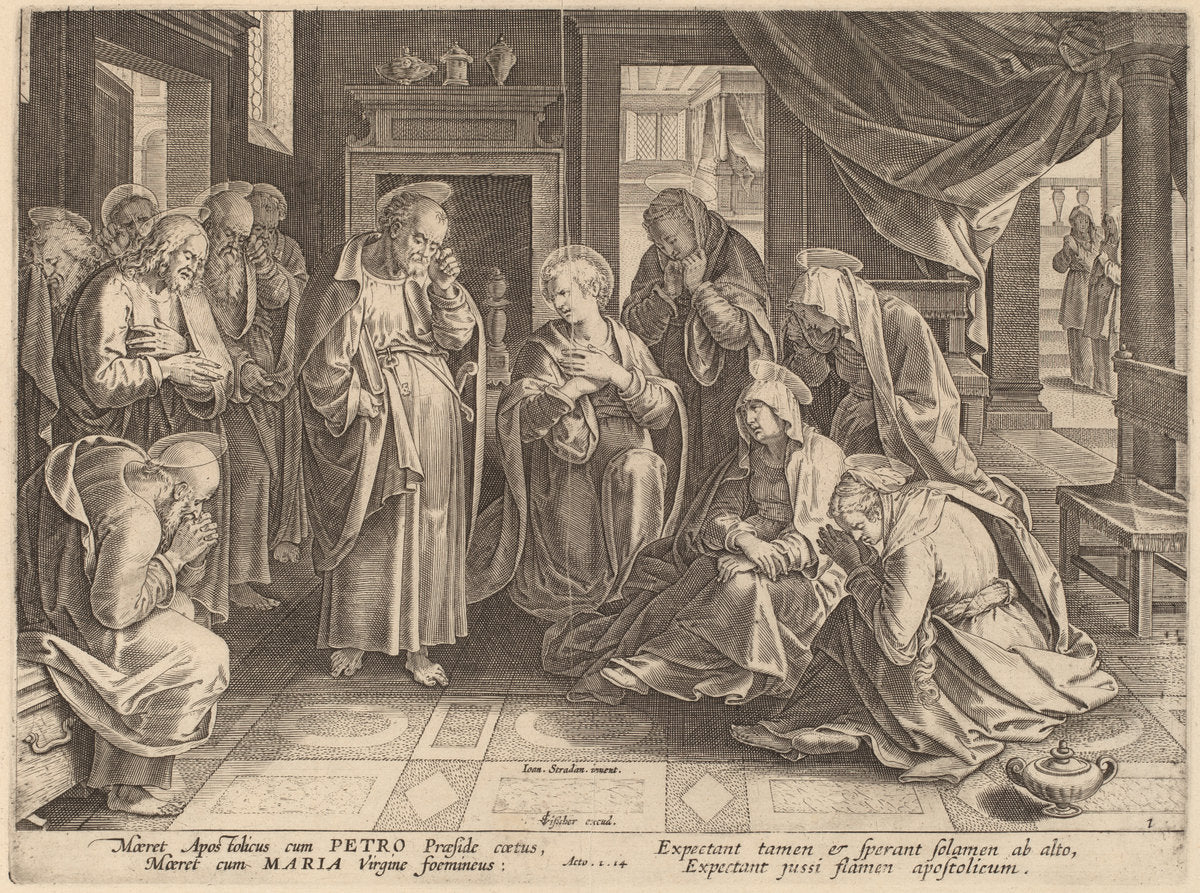 The Meeting of the Apostles and the Women in the Upper Room by Philip Galle after Jan van der Straet (Flemish, 1537 - 1612), 16X12"(A3)Poster Print