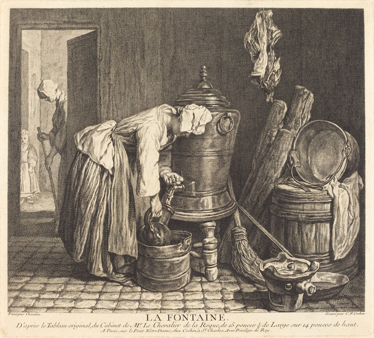 La Fontaine by Charles-Nicolas Cochin I after Jean Siméon Chardin (French, 1688 - 1754), 16X12"(A3)Poster Print