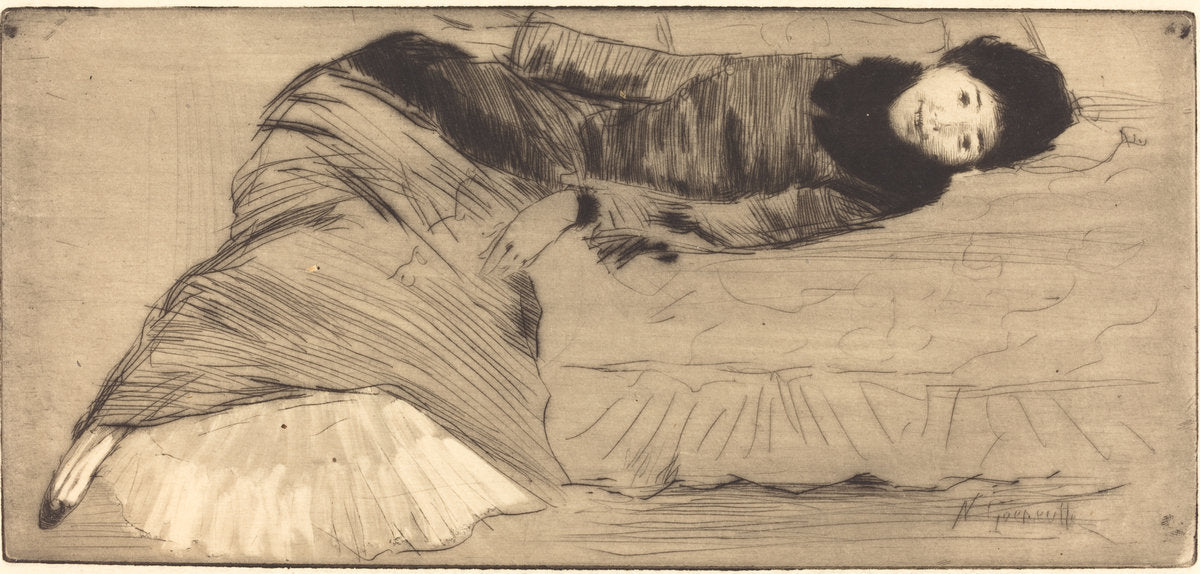 Smiling Woman Reclining on a Sofa (Femme souriant etendue sur un canape) by Norbert Goeneutte (French, 1854 - 1894), 16X12"(A3)Poster Print