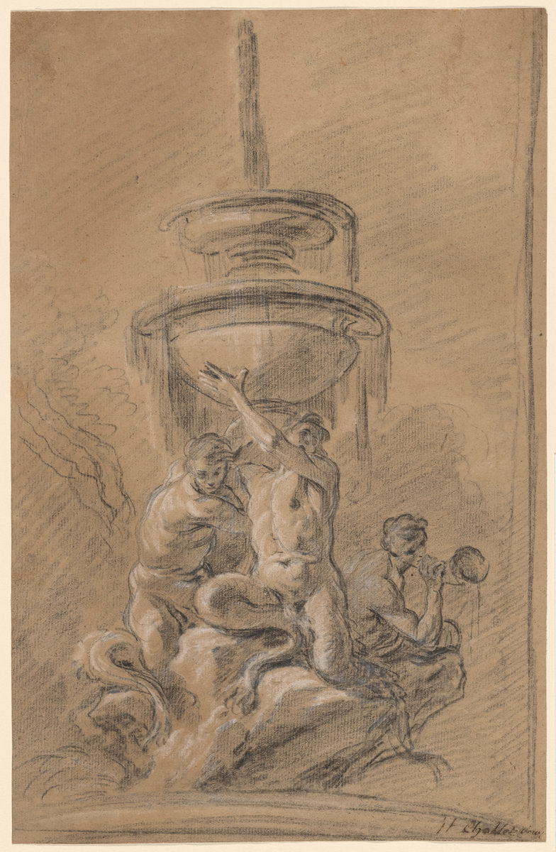 A Fountain with Three Tritons by Joseph Ignace François Parrocel (French, 1704 - 1781), 16X12"(A3)Poster Print