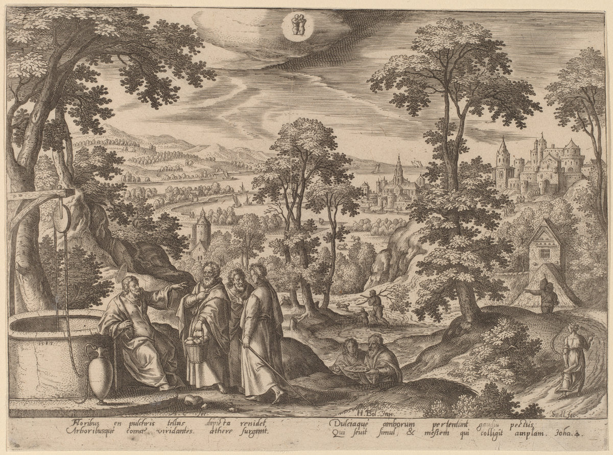 Christ and the Woman of Samaria (Gemini) by Adriaen Collaert after Hans Bol (Flemish, c. 1560 - 1618), 16X12"(A3)Poster Print