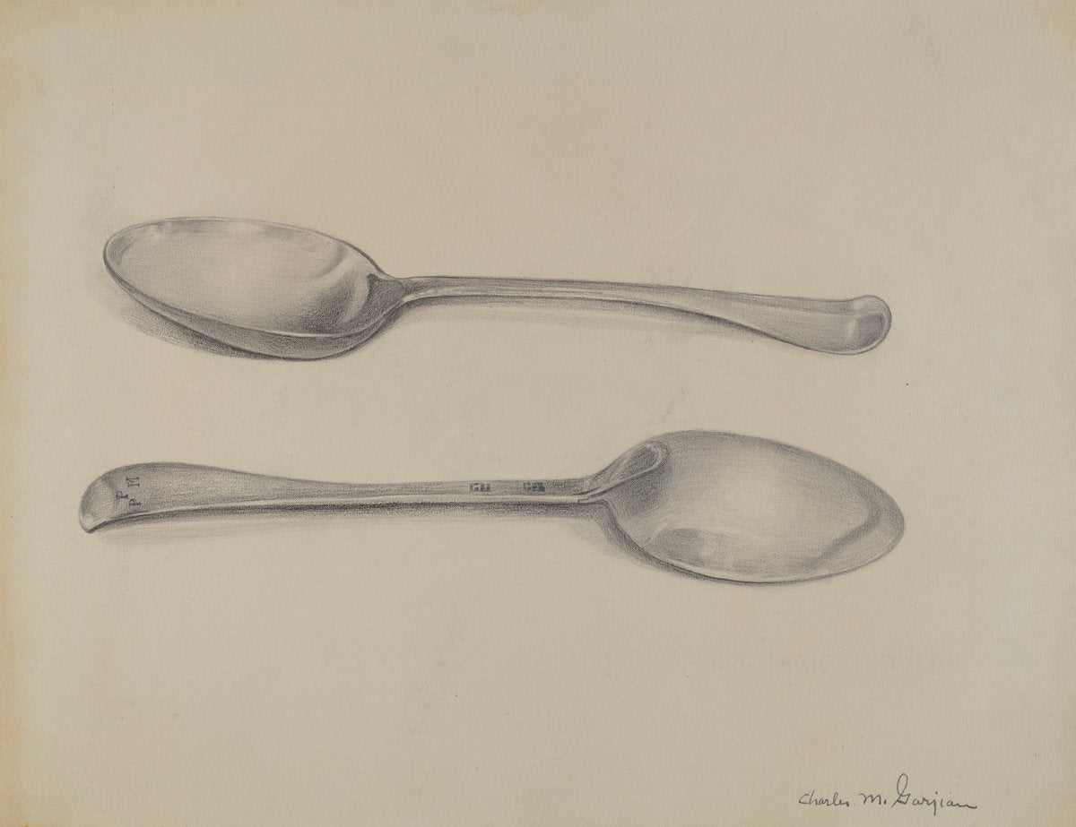 Two Silver Soup Spoons by Charles Garjian (American, active c. 1935), 16X12"(A3)Poster Print