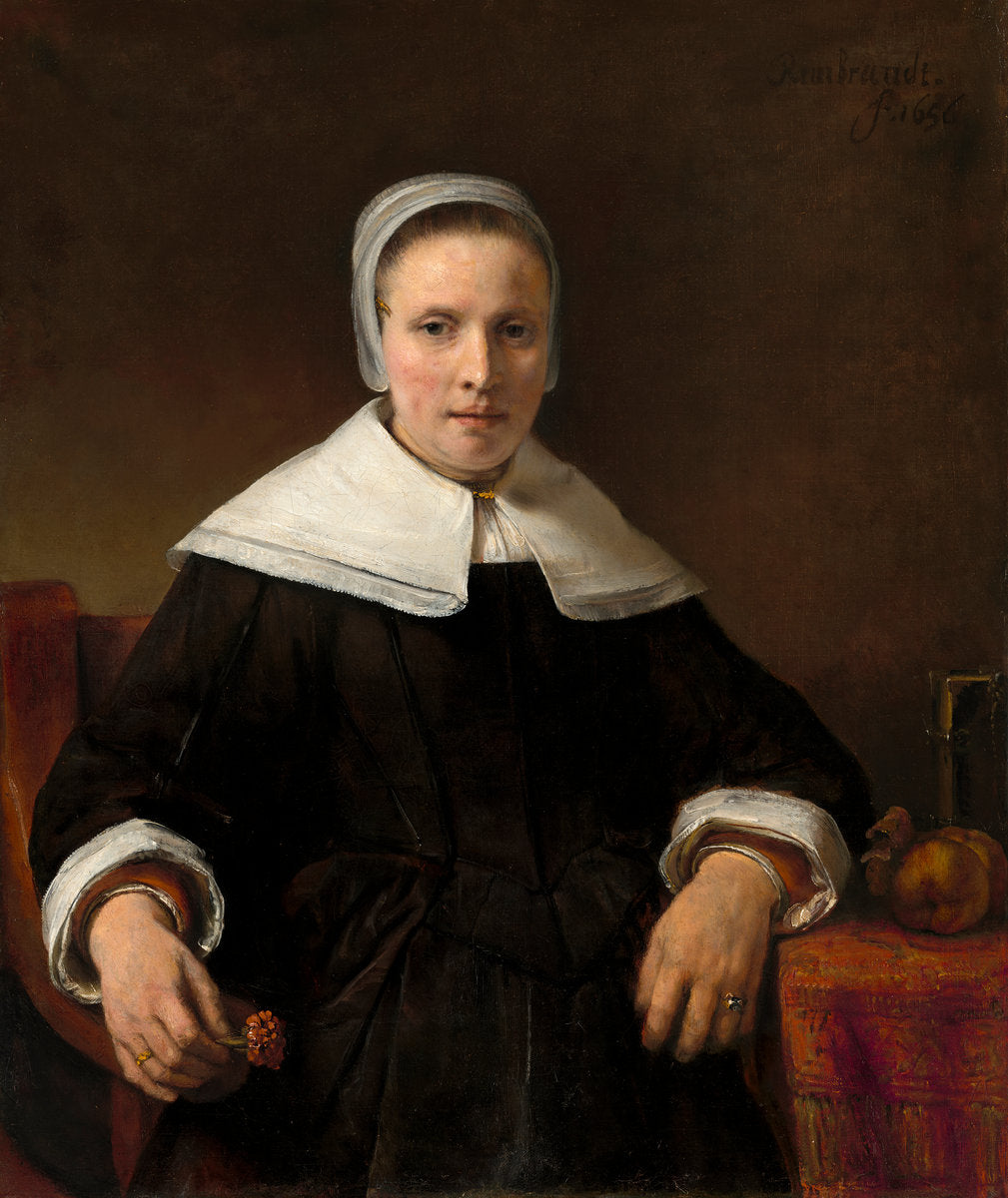 A Woman Holding a Pink by Rembrandt van Rijn (Dutch, 1606 - 1669), 16X12"(A3)Poster Print