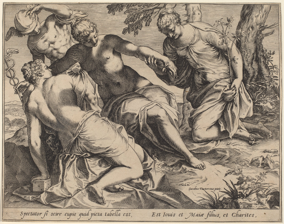Mercury and the Three Graces by Agostino Carracci after Jacopo Tintoretto (Italian, 1557 - 1602), 16X12"(A3)Poster Print