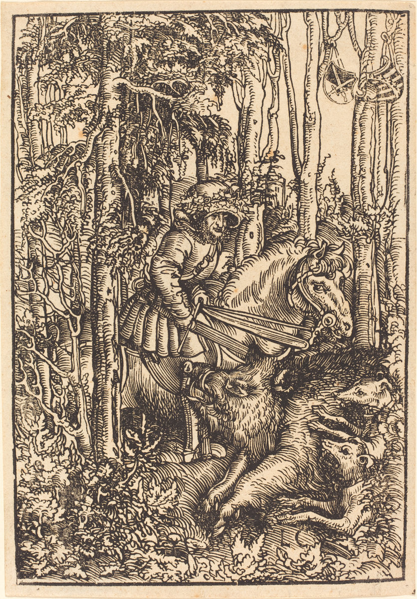 Hunter on Horseback Hunting a Wild Boar by Lucas Cranach the Elder (German, 1472 - 1553), 16X12"(A3)Poster Print