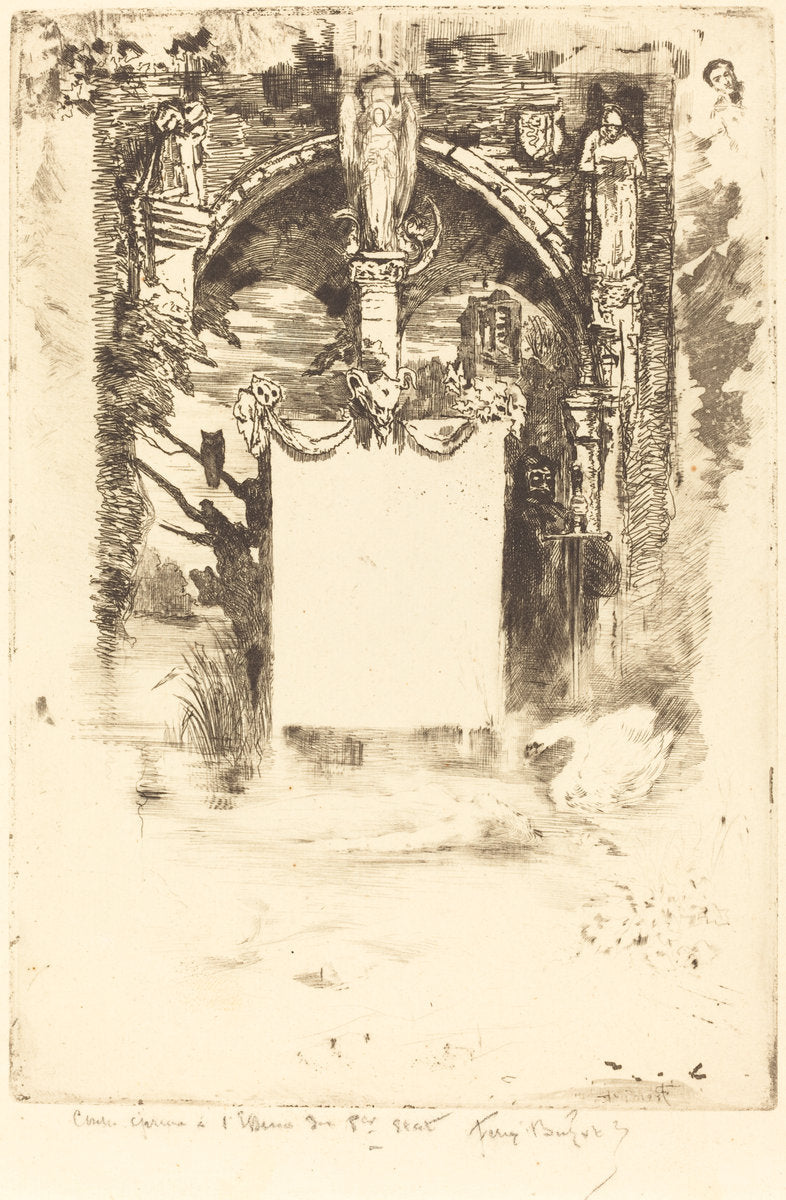 Ex-Libris pour "L'Ensorcelée" (Bookplate for "L'Ensorcelée") by Félix-Hilaire Buhot (French, 1847 - 1898), 16X12"(A3)Poster Print