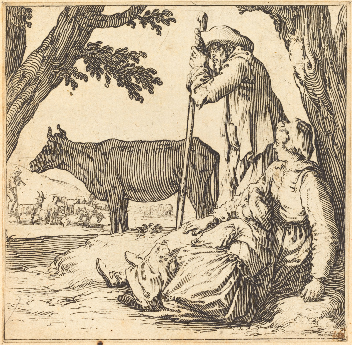 Peasant Couple with Cow by Jacques Callot (French, 1592 - 1635), 16X12"(A3)Poster Print