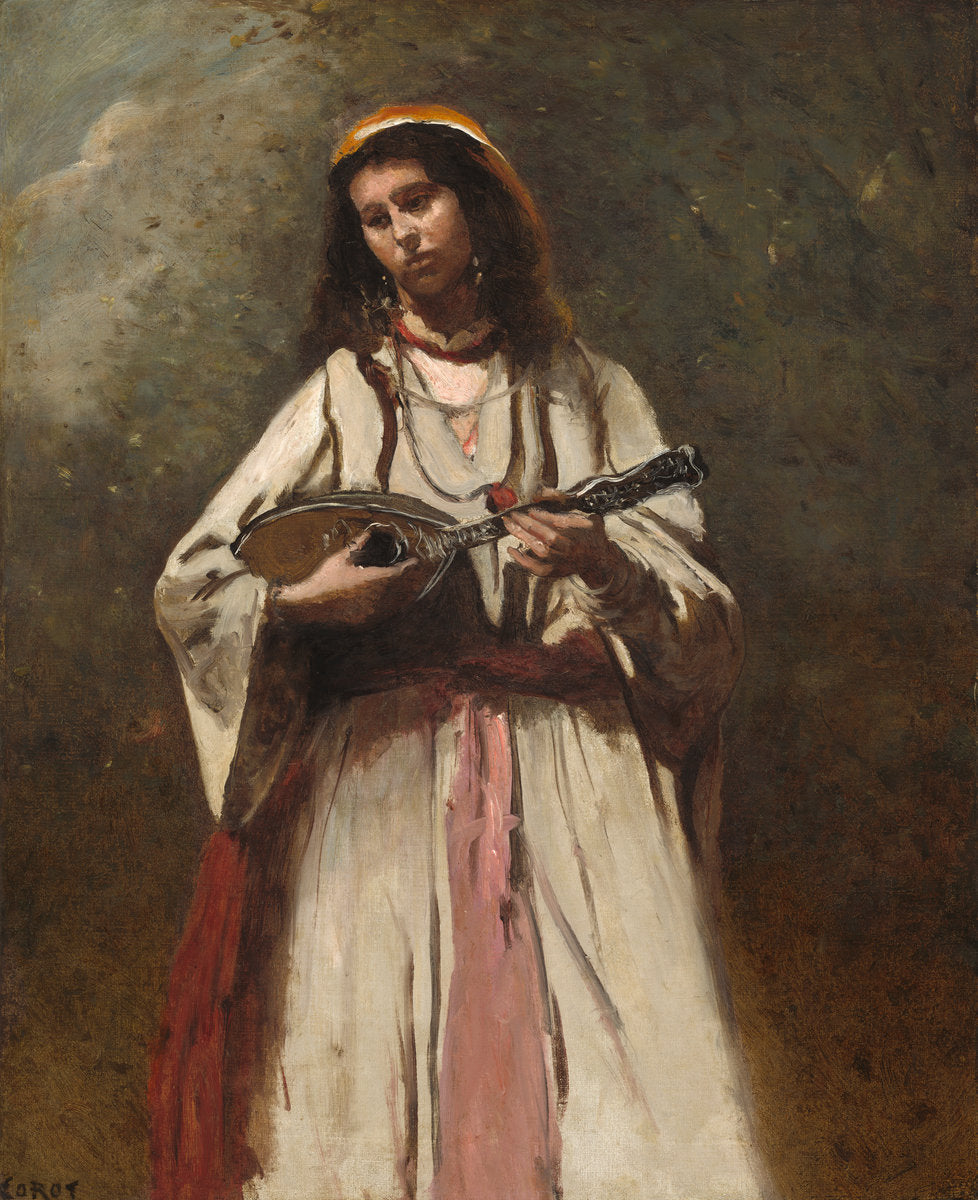 Gypsy Girl with Mandolin by Jean-Baptiste-Camille Corot (French, 1796 - 1875), 16X12"(A3)Poster Print
