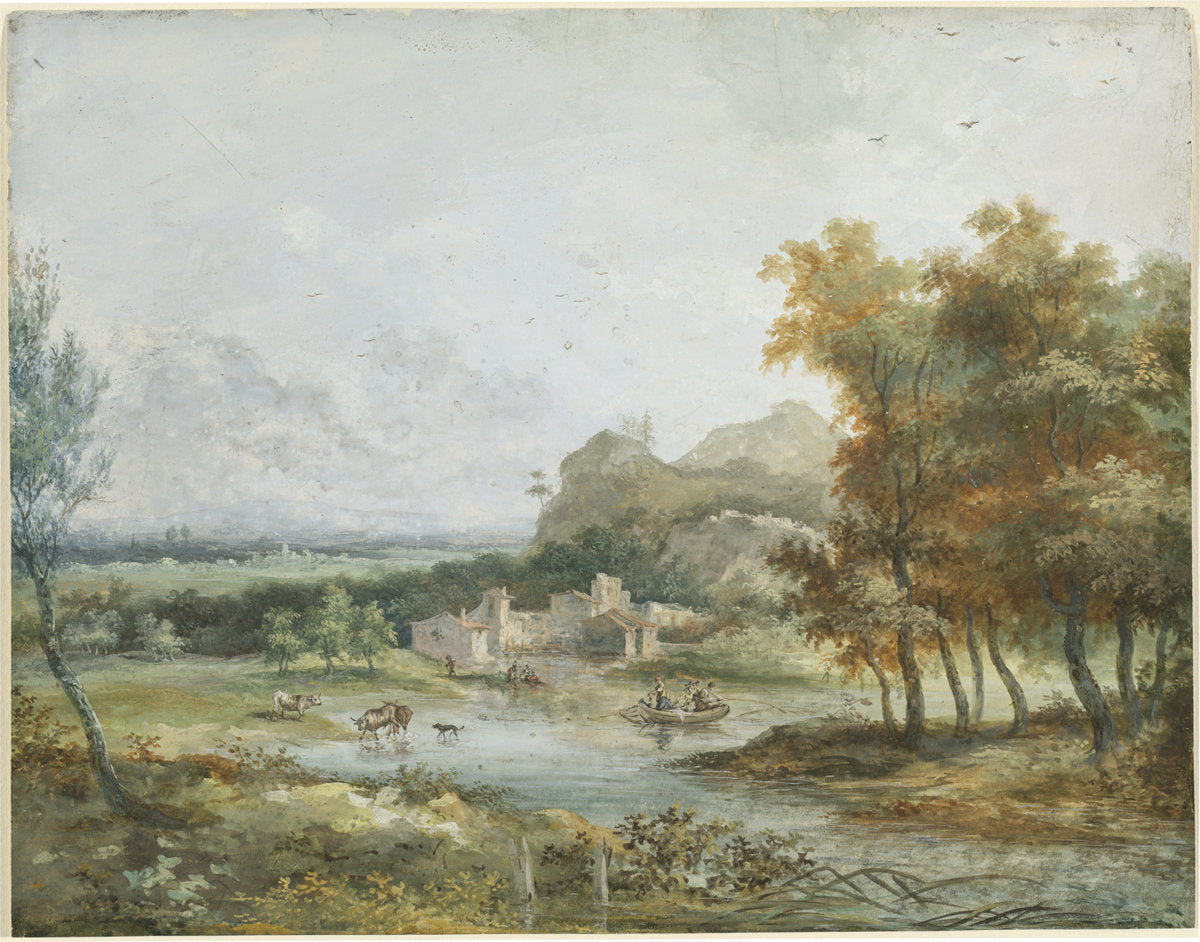 Italian Landscape with a Boating Party by Louis Gabriel Moreau the Elder (French, 1739 - 1806), 16X12"(A3)Poster Print